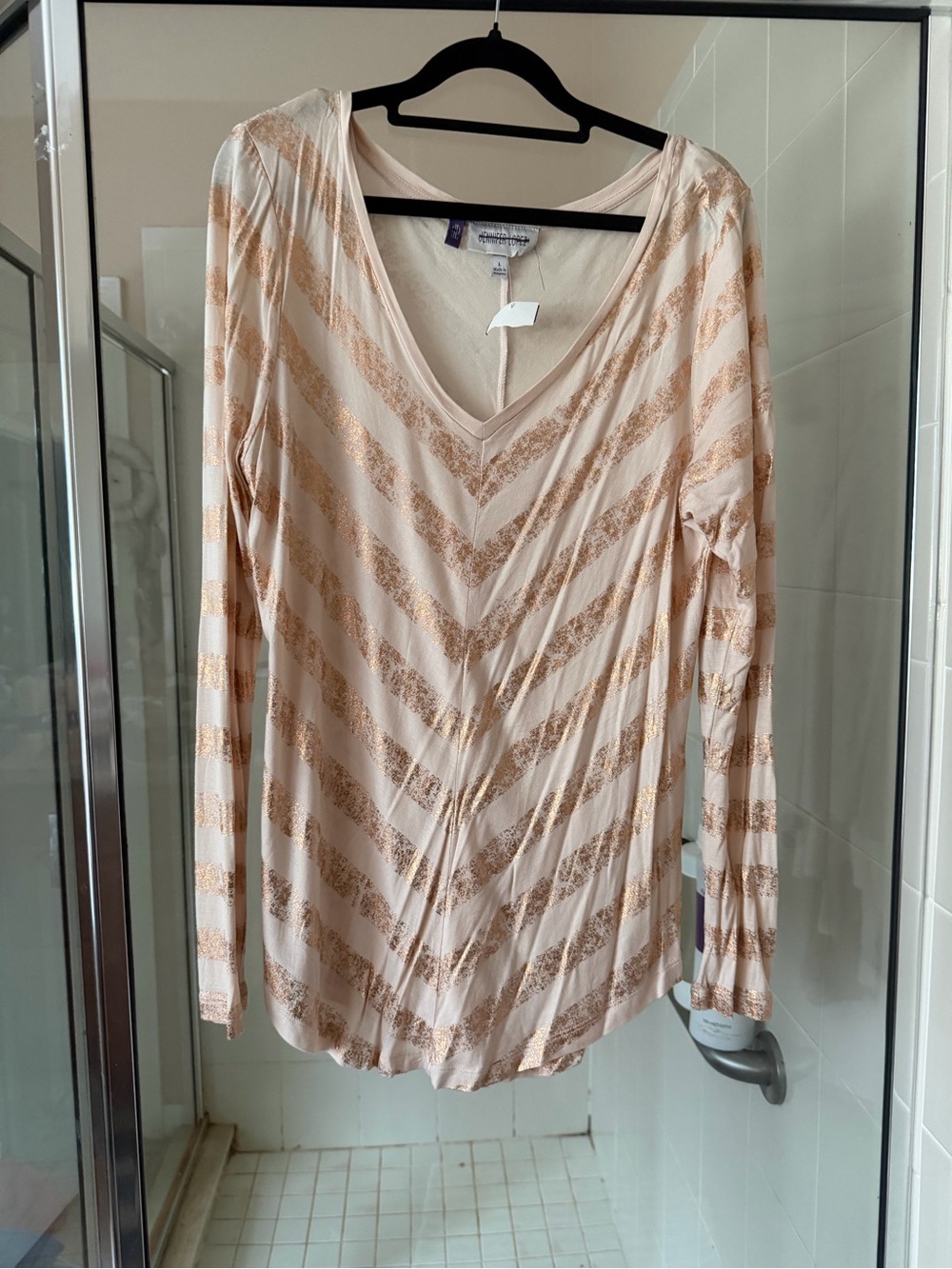 Jennifer Lopez Cream Long Sleeve V-Neck Top with Metallic Copper Stripes